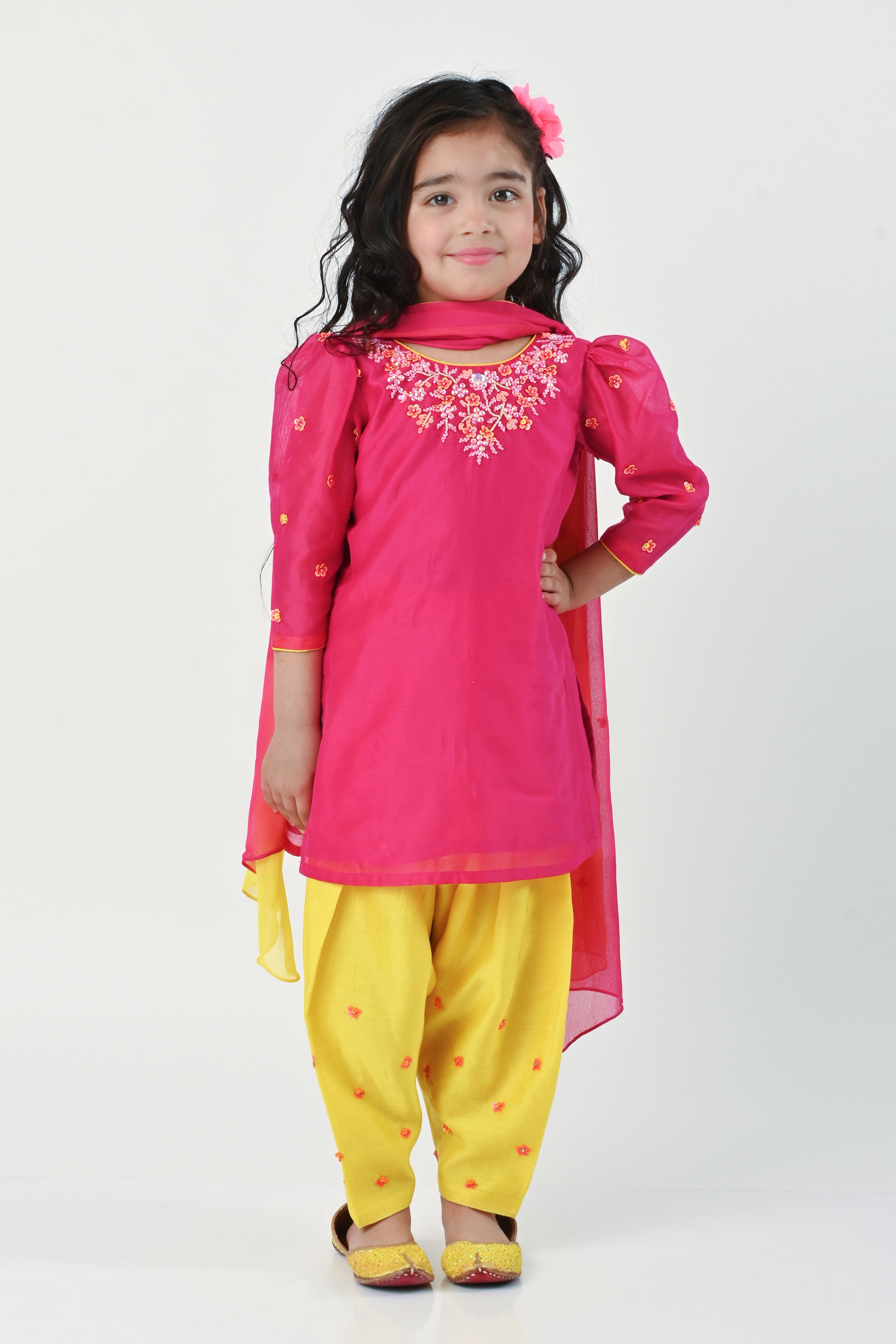 Beige Embroidered Net Kids Salwar Suits - NIKHAAR - 3219258